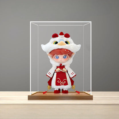Pop Mart Dimoo Lion Dance Mirror Acrylic Display Case with Ring Light & UV-Printed Background - Dustproof Showcase