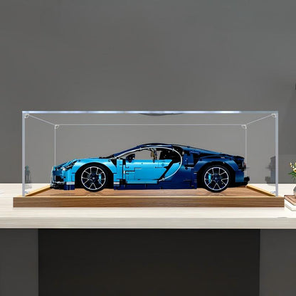 LEGO 42083 Bugatti Chiron Vitrine aus Acryl mit Ringlicht & UV-bedrucktem Hintergrund – Staubschutz-Schaukasten