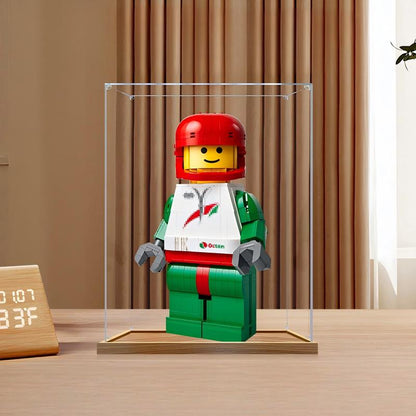 LEGO 40819 سائق سباق مصغر موسّع معروض في علبة عرض أكريليك مرآة مع حلقة إضاءة وخلفية مطبوعة بالأشعة فوق البنفسجية - خزانة عرض مقاومة للغبار