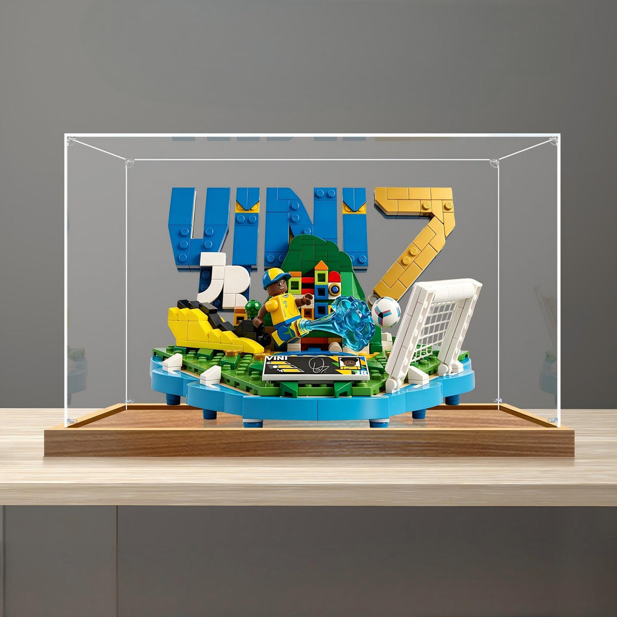 LEGO 43027 Vini Jr. - Soccer Highlights Mirror Acrylic Display Case with Ring Light & UV-Printed Background - Dustproof Showcase