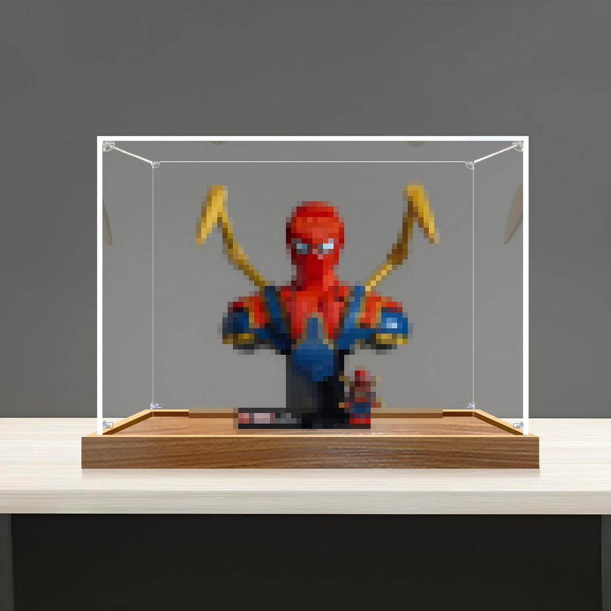 LEGO 76326 アイアン・スパイダーマン バスト ミラー アクリル ディスプレイケース リングライト＆UVプリント背景付き - 防塵ショーケース