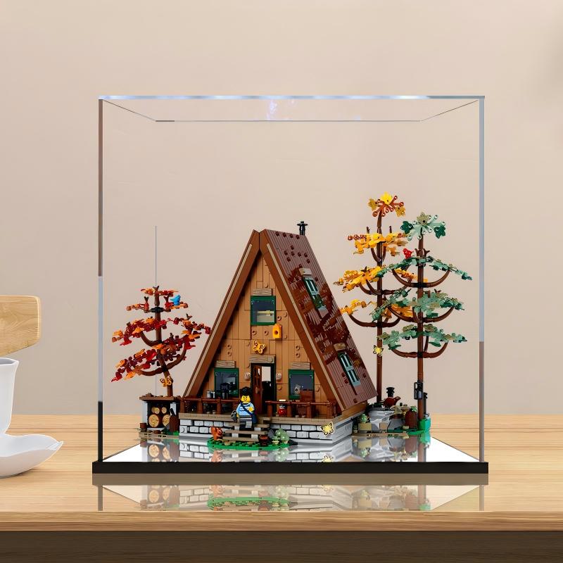 LEGO 21338 A-Rahmen-Hütte Acryl-Vitrinen-Display mit Ringlicht & UV-bedrucktem Hintergrund – Staubgeschützte Vitrine