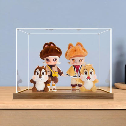 Caixa de Exibição de Acrílico com Espelho para Pop Mart MOLLY Chip 'n Dale com Luz de Anel e Fundo Impresso em UV - Vitrine à Prova de Poeira