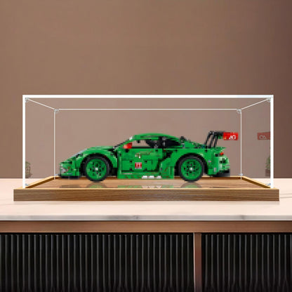 LEGO 42224 Porsche 911 GT3 R REXY AO Racing Vitrine de Exibição em Acrílico Espelhado com Anel de Luz e Fundo Impresso em UV - Vitrine à Prova de Poeira