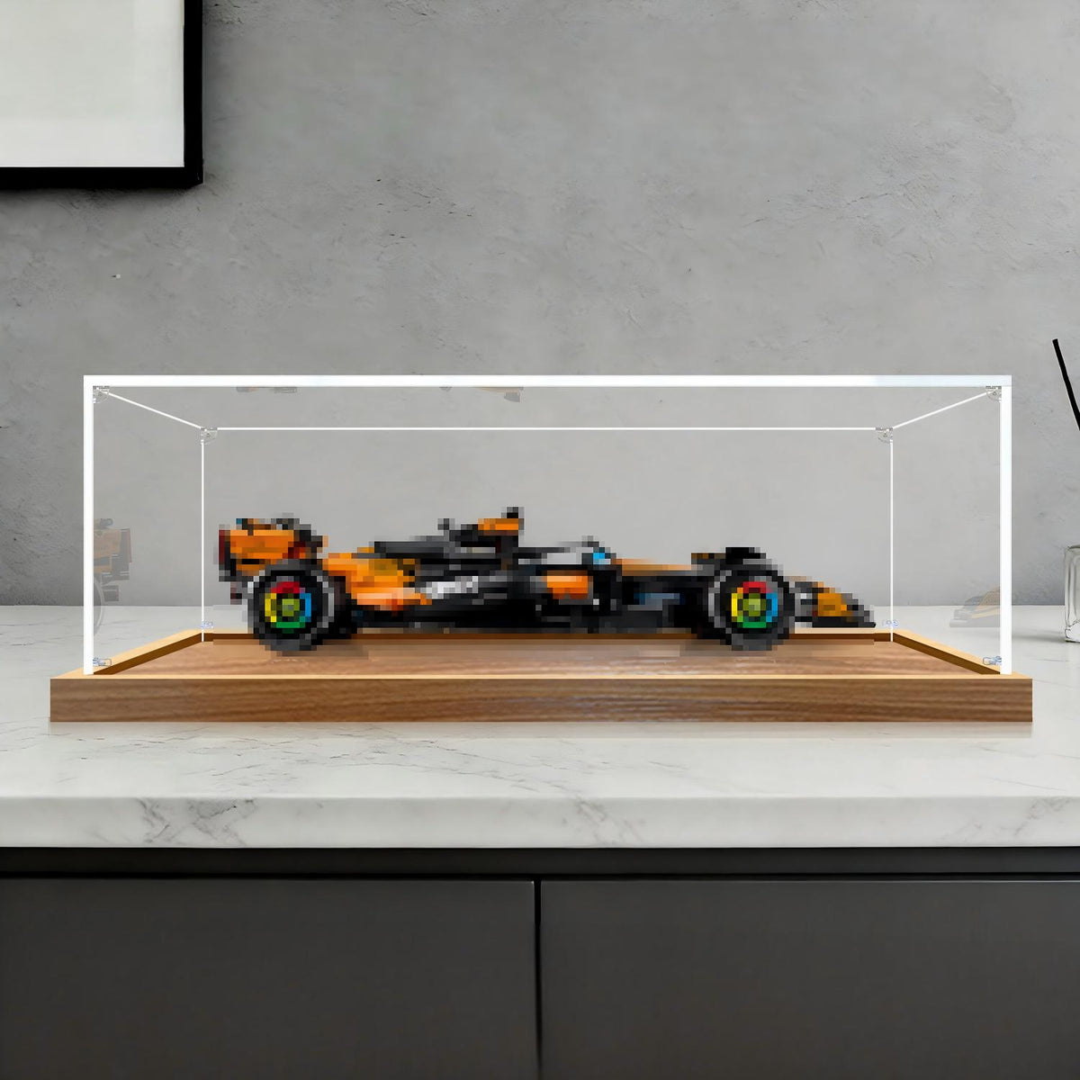 LEGO 42228 McLaren MCL39 F1 Car Mirror Acrylic Display Case with Ring Light & UV-Printed Background - Dustproof Showcase