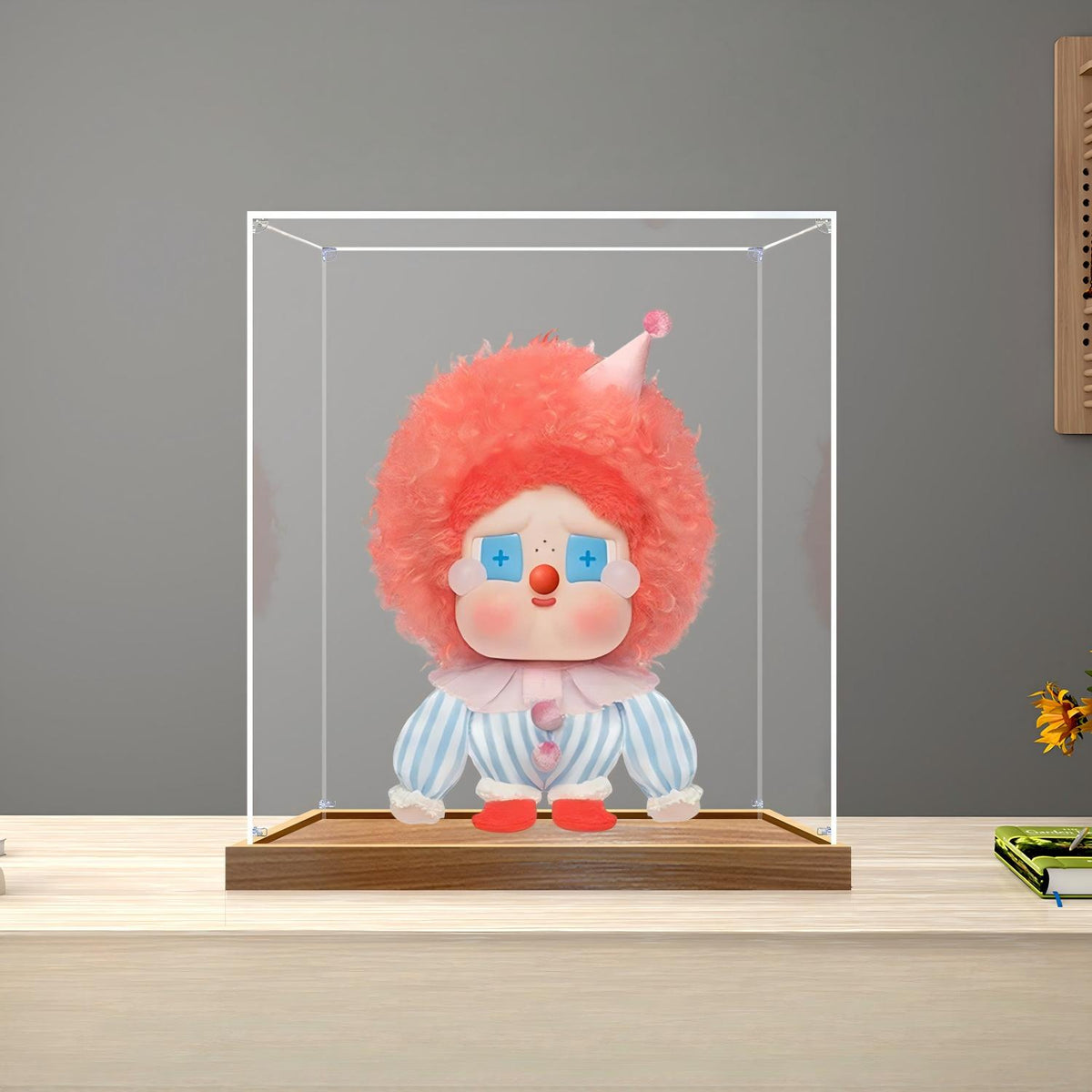 Boîte d'exposition en acrylique miroir Pop Mart Labubu Why So Serious avec anneau lumineux et fond imprimé UV - Vitrine anti-poussière