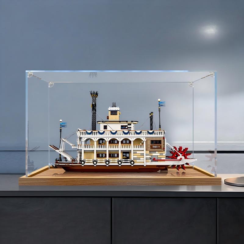 LEGO 21356 River Steamboat Spiegel-Acryl-Vitrine mit Ringlicht & UV-bedrucktem Hintergrund - Staubdichte Vitrine