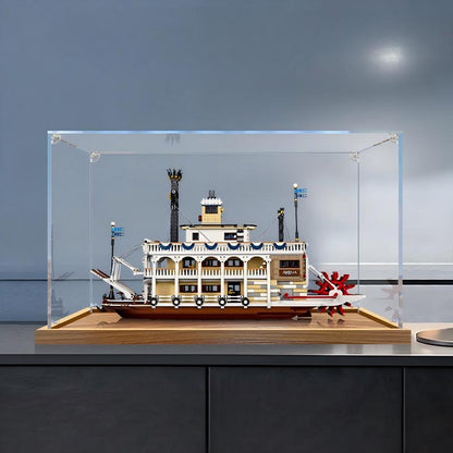 LEGO 21356 River Steamboat Spiegel-Acryl-Vitrine mit Ringlicht & UV-bedrucktem Hintergrund - Staubdichte Vitrine