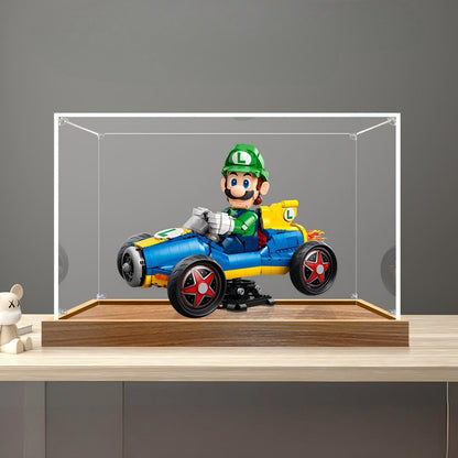 LEGO 72050 Mario Kart - Luigi & Mach 8 Vetrina espositiva in acrilico specchiato con luce ad anello e sfondo stampato UV - Espositore antipolvere