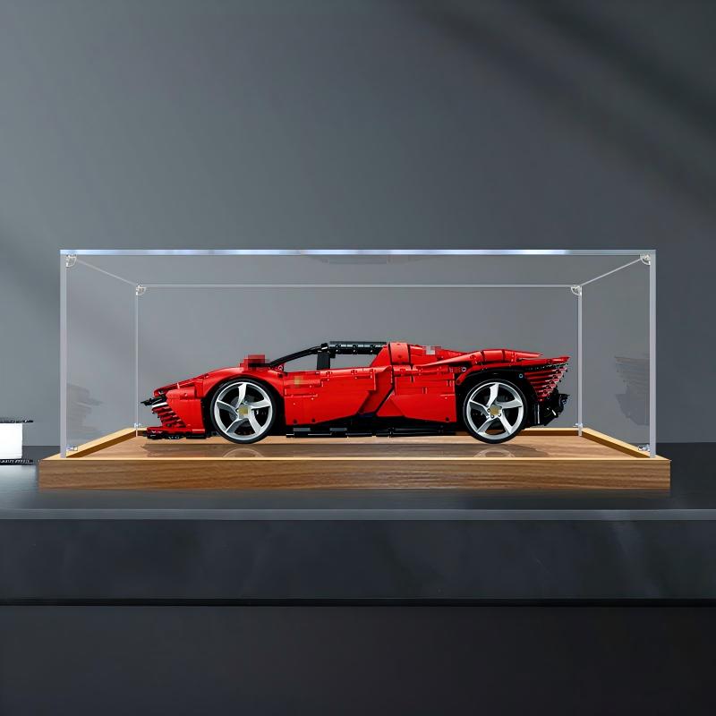 LEGO 42143 Ferrari Daytona SP3 Acryl-Vitrine mit Ringlicht & UV-bedrucktem Hintergrund - Staubdichte Ausstellungsvitrine