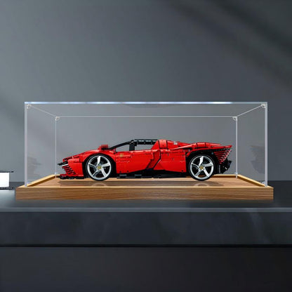 LEGO 42143 Ferrari Daytona SP3 Acryl-Vitrine mit Ringlicht & UV-bedrucktem Hintergrund - Staubdichte Ausstellungsvitrine