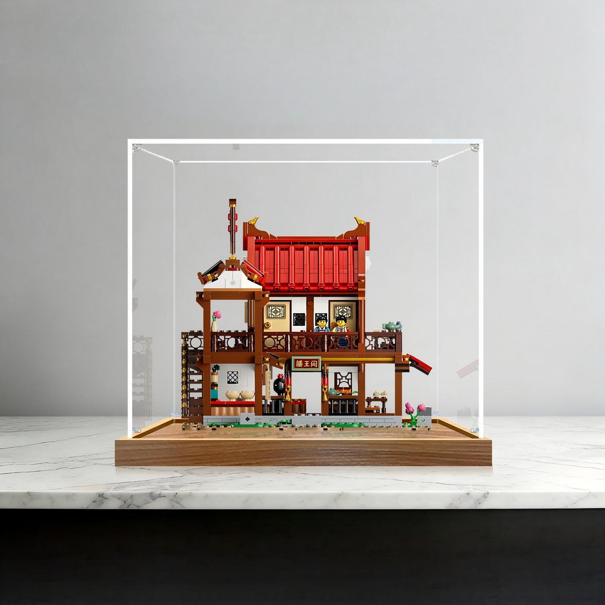 LEGO 80121 Antikes Mondblick-Gasthaus Spiegel-Acryl-Ausstellungsvitrine mit Ringlicht & UV-bedrucktem Hintergrund - Staubdichte Vitrine