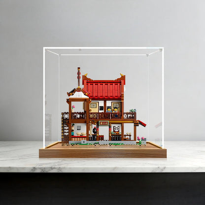 LEGO 80121 Antikes Mondblick-Gasthaus Spiegel-Acryl-Ausstellungsvitrine mit Ringlicht & UV-bedrucktem Hintergrund - Staubdichte Vitrine