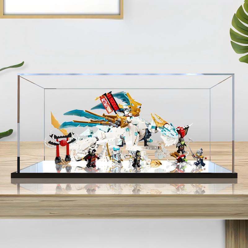 LEGO 71786 Zane's Ice Dragon Creature Mirror Acrylic Display Case with Ring Light & UV-Printed Background - Dustproof Showcase
