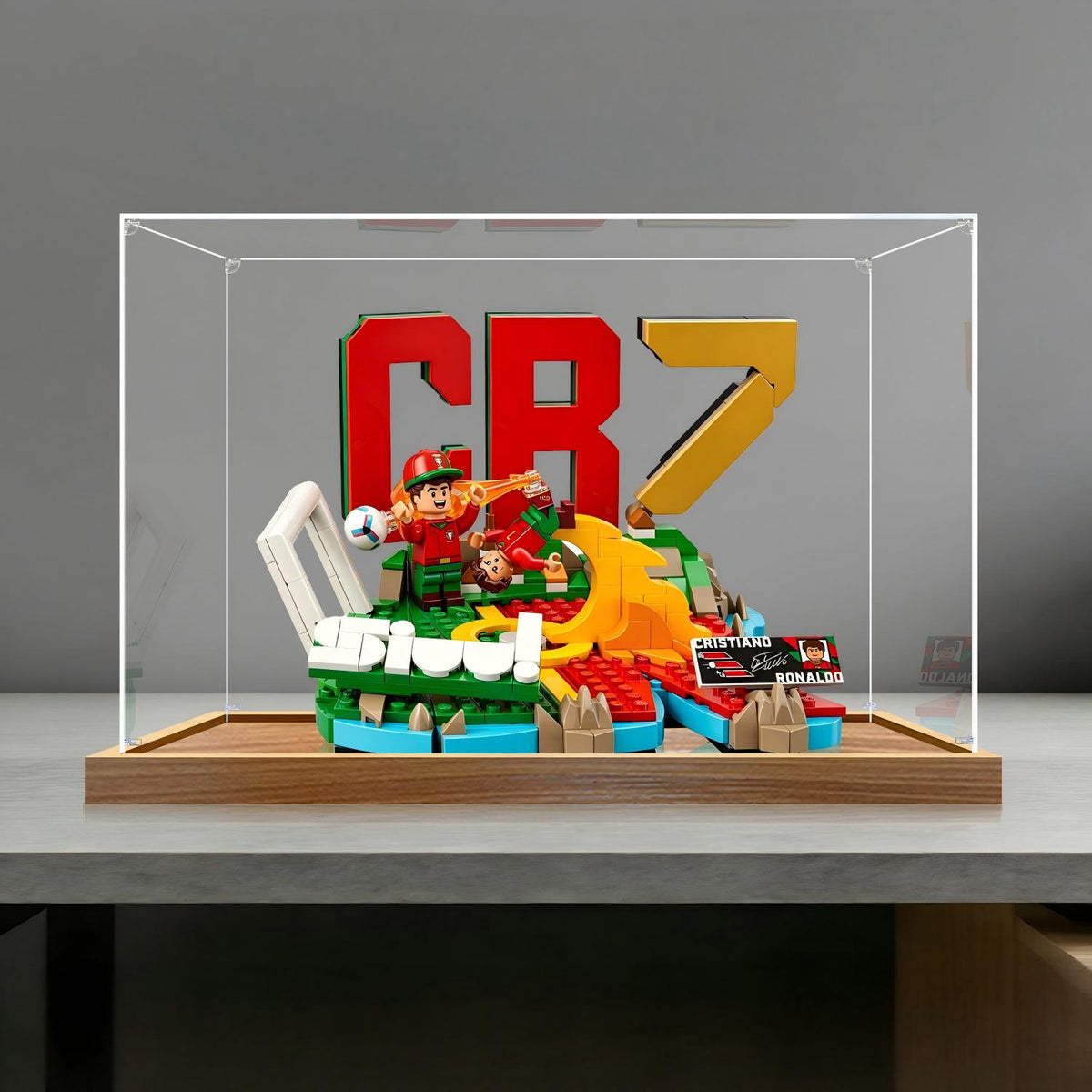 LEGO 43012 Cristiano Ronaldo - Soccer Highlights Vitrine de Exibição em Acrílico Espelhado com Anel de Luz e Fundo Impresso em UV - Vitrine à Prova de Poeira
