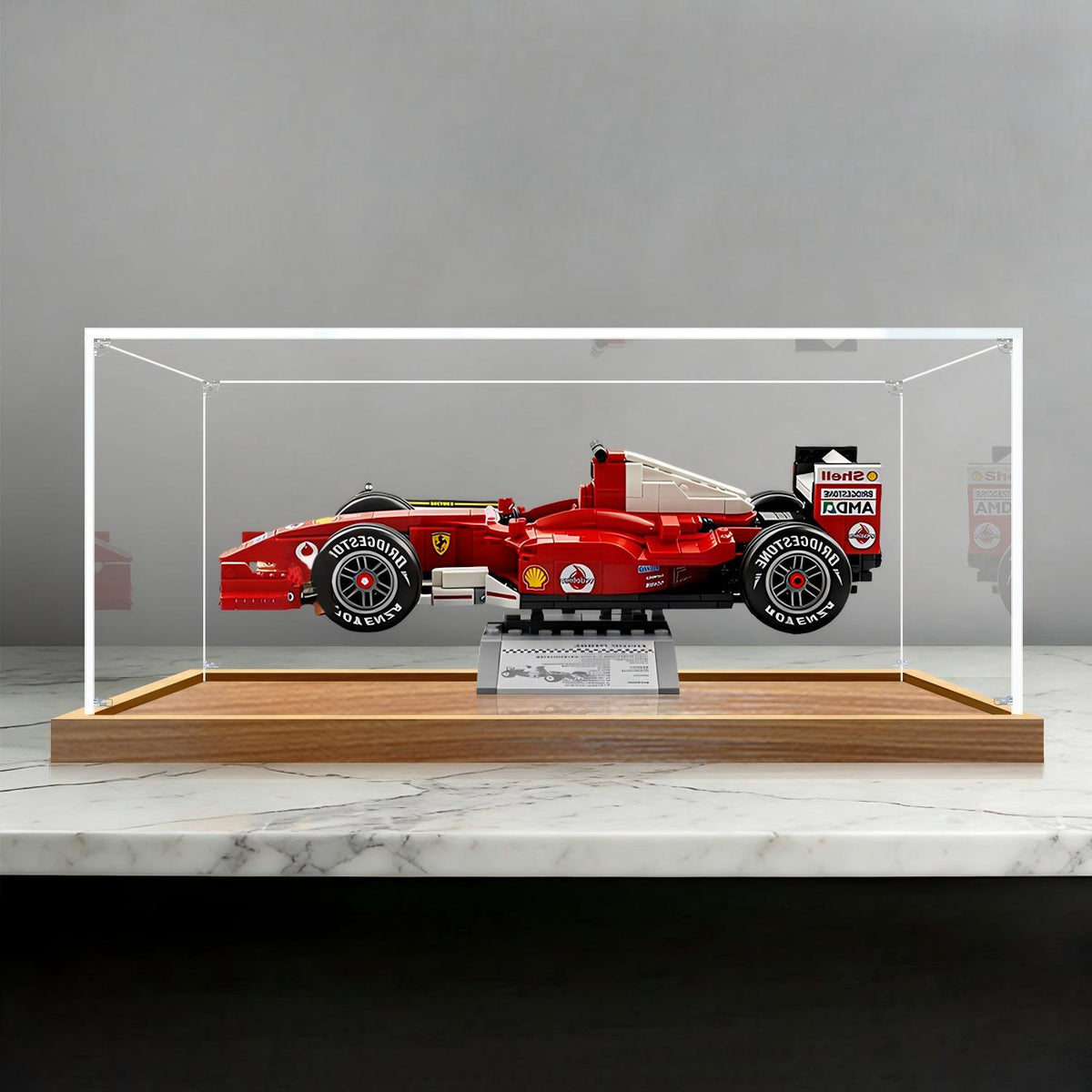 LEGO 11375 Ferrari F2004 & Michael Schumacher Spiegel-Acryl-Vitrine mit Ringlicht & UV-bedrucktem Hintergrund - Staubdichte Vitrine