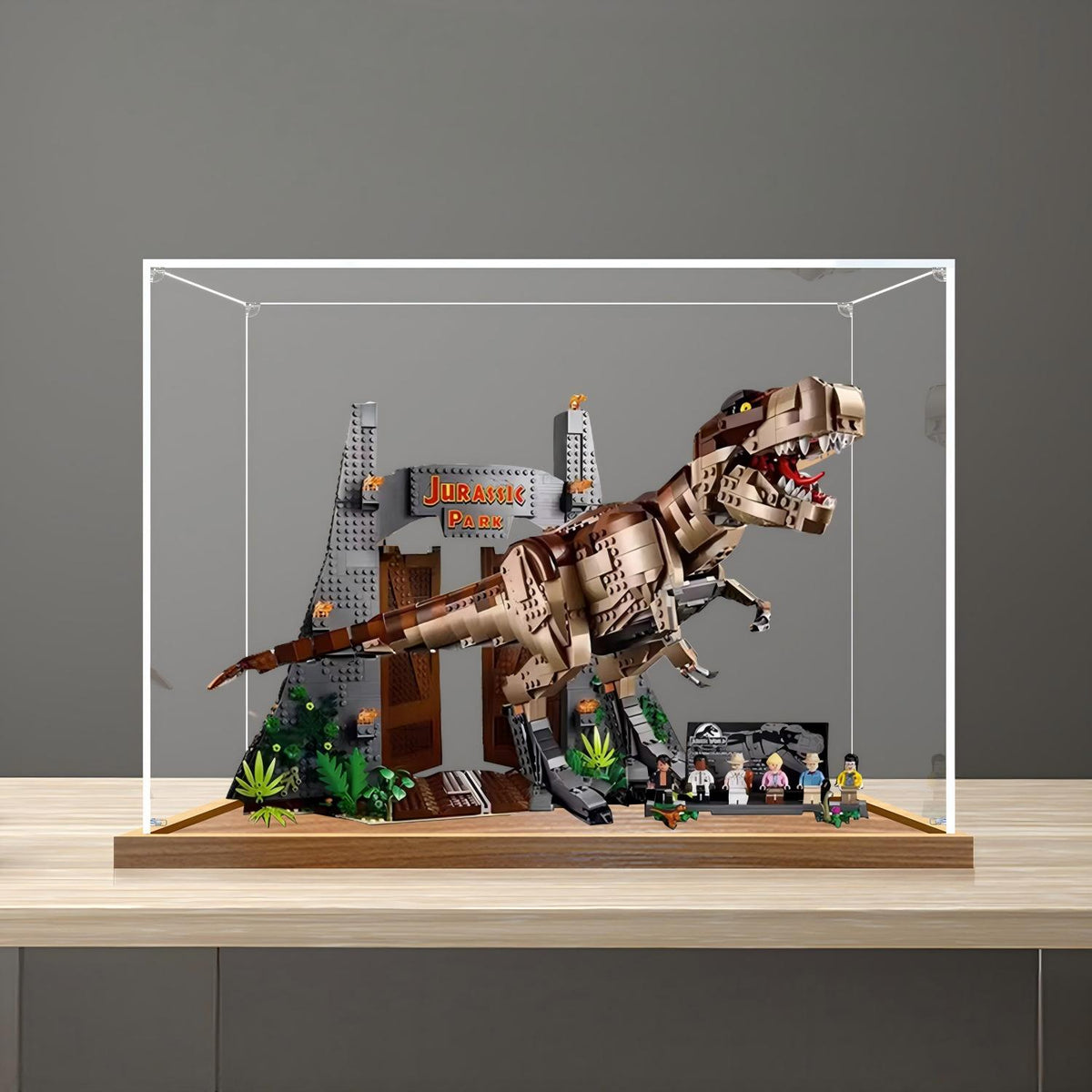 LEGO 75936 Jurassic Park: T. rex Rampage Mirror Acrylic Display Case with Ring Light & UV-Printed Background - Dustproof Showcase