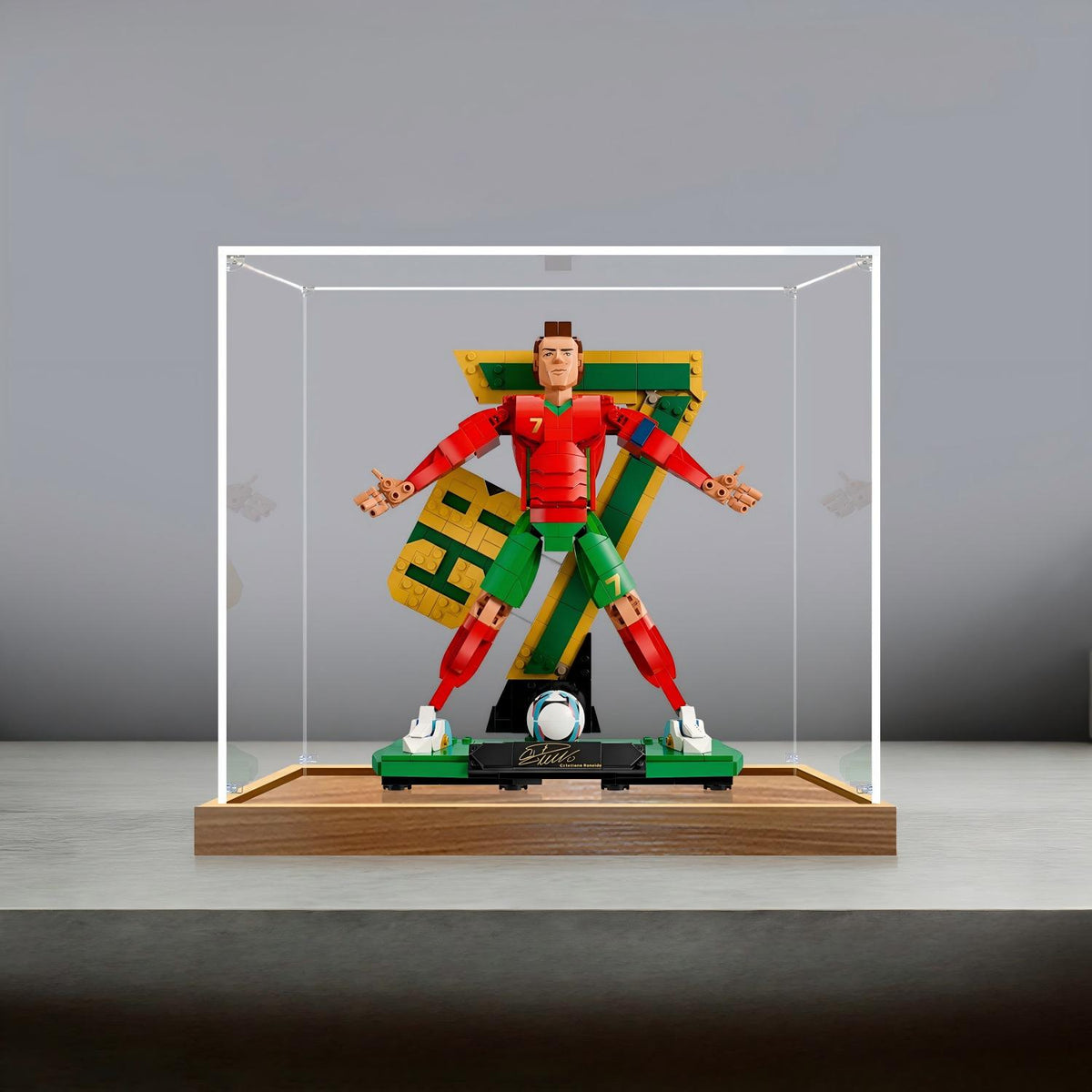 LEGO 43016 Cristiano Ronaldo - Soccer Legend Mirror Acrylic Display Case with Ring Light & UV-Printed Background - Dustproof Showcase