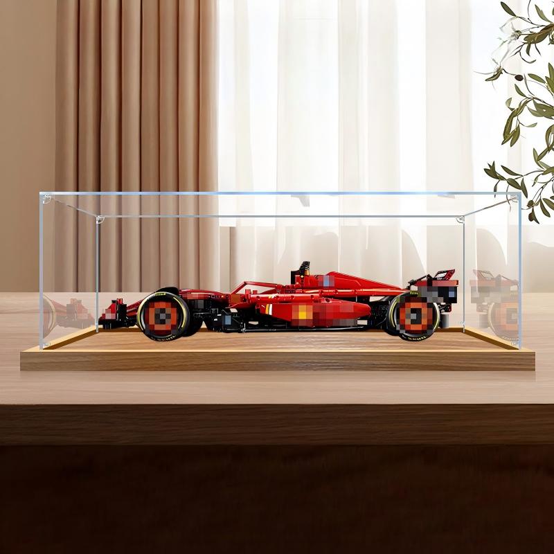 LEGO 42207 Ferrari SF-24 Carro de F1 Vitrine de Exibição em Acrílico com Espelho, Luz Anelar e Fundo Impresso em UV - Vitrine à Prova de Poeira