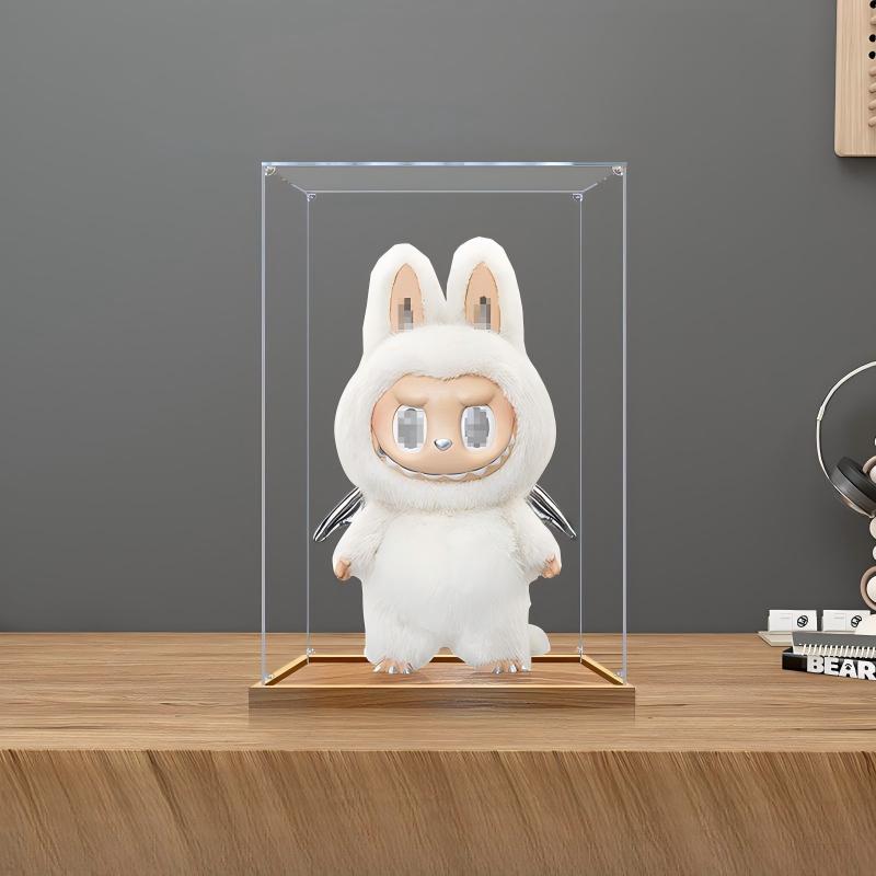 Pop Mart Labubu Angel Mirror Acrylic Display Case with Ring Light & UV-Printed Background - Dustproof Showcase
