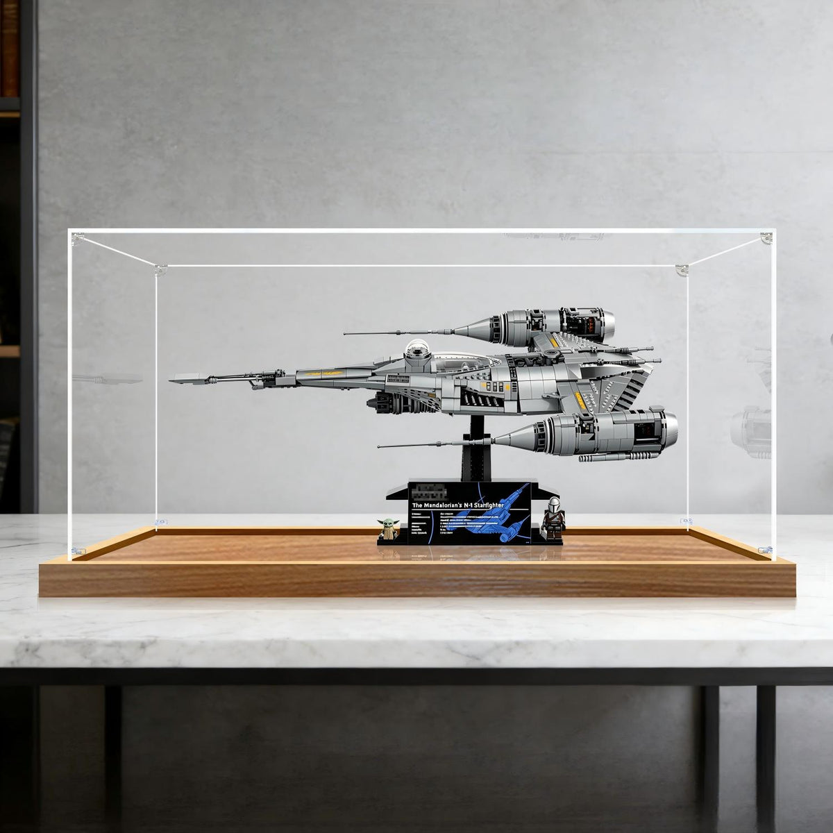 LEGO 75442 The Mandalorian's N-1 Starfighter - UCS Mirror Acrylic Display Case with Ring Light & UV-Printed Background - Dustproof Showcase