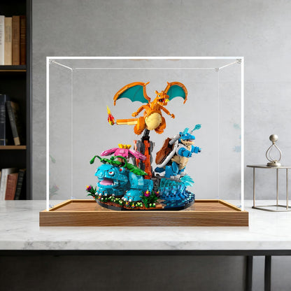 LEGO 72153 Venusaur, Charizard and Blastoise Mirror Acrylic Display Case with Ring Light & UV-Printed Background - Dustproof Showcase