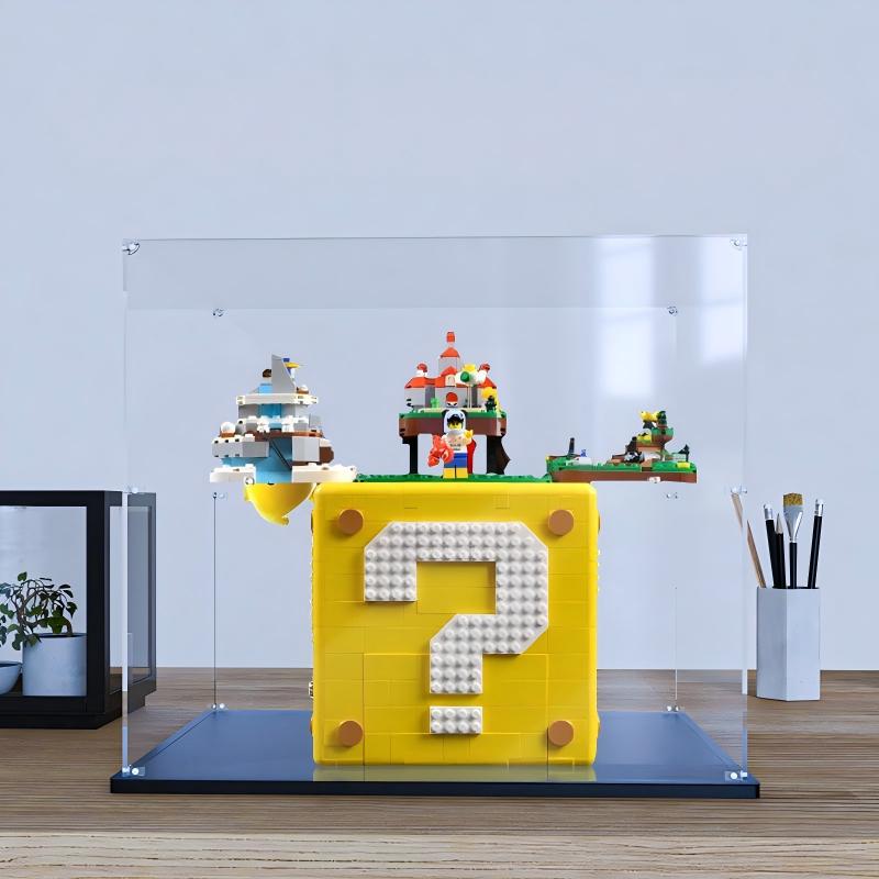 LEGO 71395 Super Mario 64 Question Mark Block Mirror Acrylic Display Case with Ring Light & UV-Printed Background - Dustproof Showcase