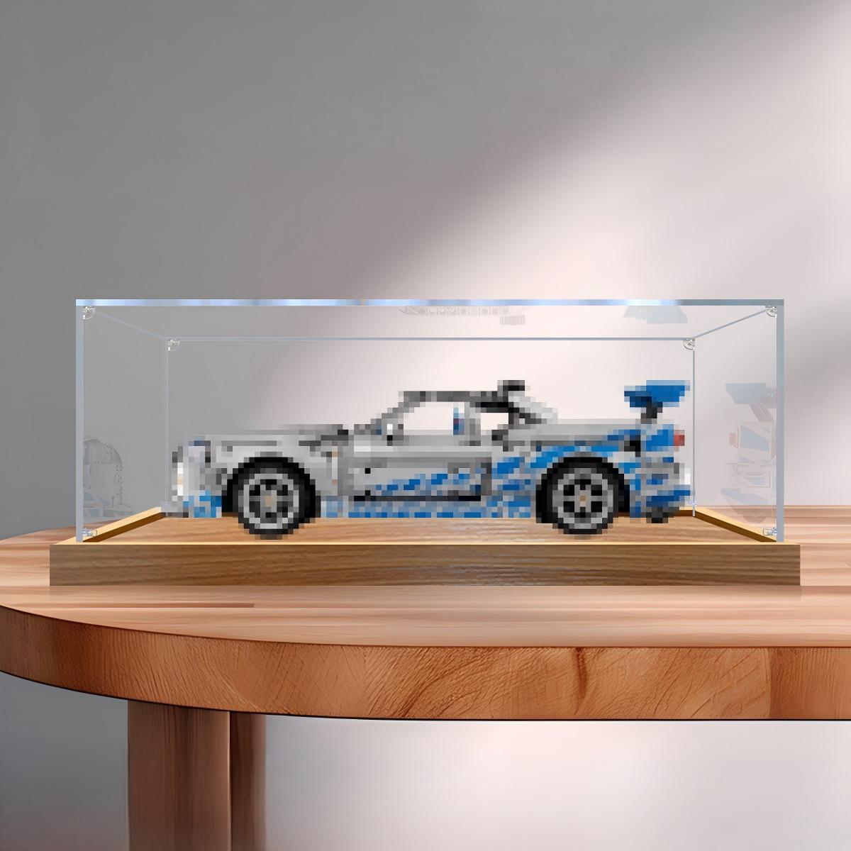 LEGO 42210 2 Fast 2 Furious Nissan Skyline GT-R (R34) Spiegel-Acryl-Vitrine mit Ringlicht & UV-bedrucktem Hintergrund - Staubdichte Präsentationsvitrine