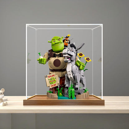 LEGO 72423 Shrek, Burro e Gato de Botas Vitrine de Acrílico com Espelho, Anel de Luz e Fundo Impresso em UV - Vitrine à Prova de Poeira