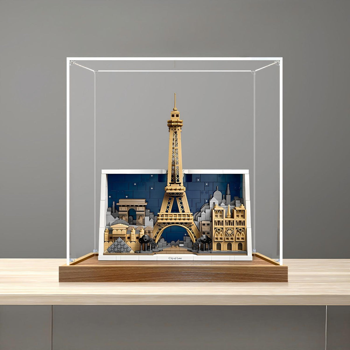 LEGO 21064 Paris - City of Love Mirror Acrylic Display Case with Ring Light & UV-Printed Background - Dustproof Showcase