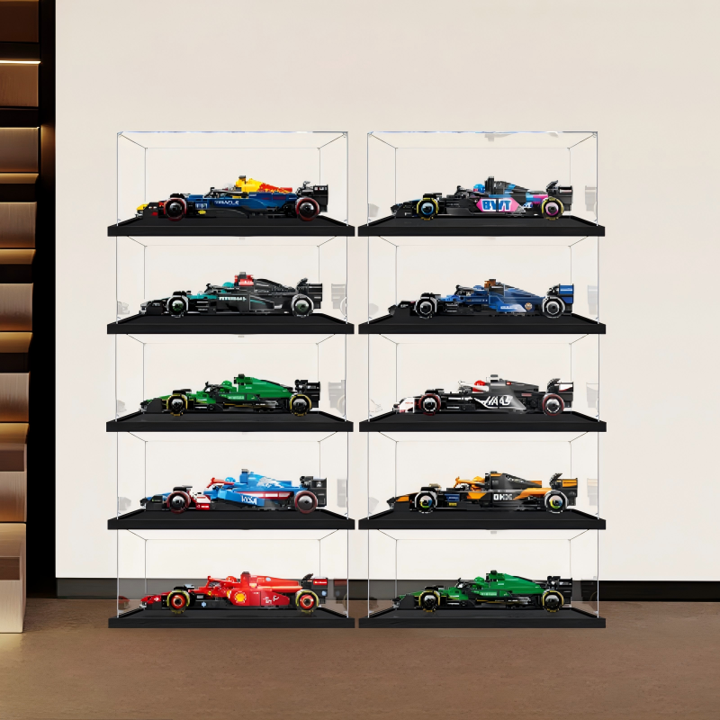 Premium Acrylic Display Case for LEGO Speed Champions Sets 77242 77243 77244 77245 77246 – 3mm Dust-Proof Showcase with Custom UV-Printed Background & Brushed Black Base - Scoparius case