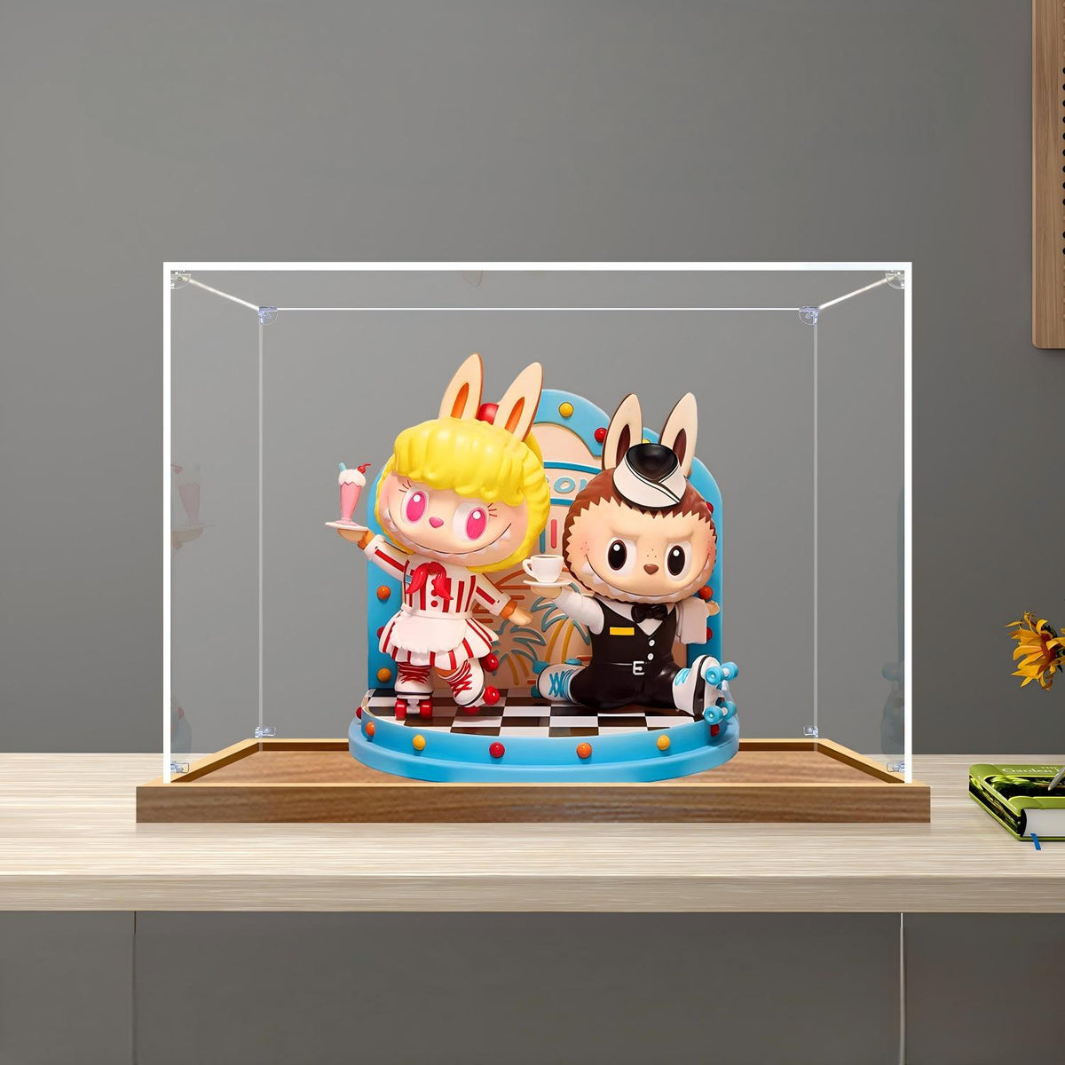 Pop Mart THE MONSTERS LABUBU Diner Spiegel Acryl Displaydoos met Ringlicht & UV-bedrukte Achtergrond - Stofvrije Vitrine