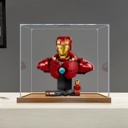 LEGO 76327 Iron Man MK4 Busto Vitrina de Exhibición de Acrílico Espejo con Anillo de Luz y Fondo Impreso en UV - Vitrina a Prueba de Polvo