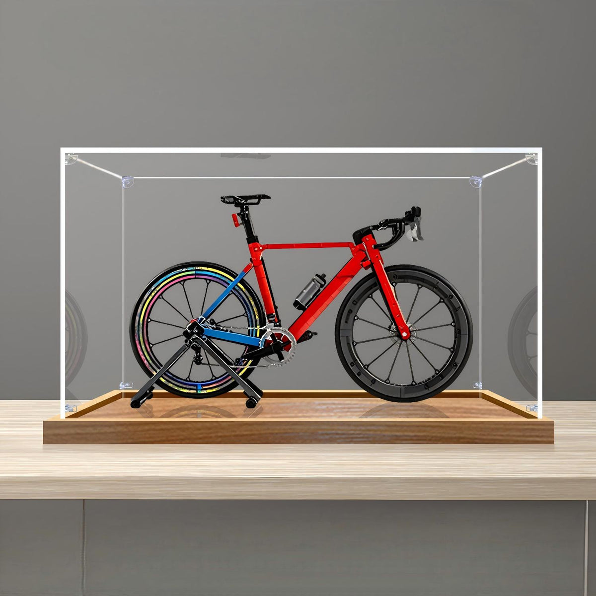 LEGO 11380 Icons Road Bike Mirror Acrylic Display Case with Ring Light & UV-Printed Background - Dustproof Showcase