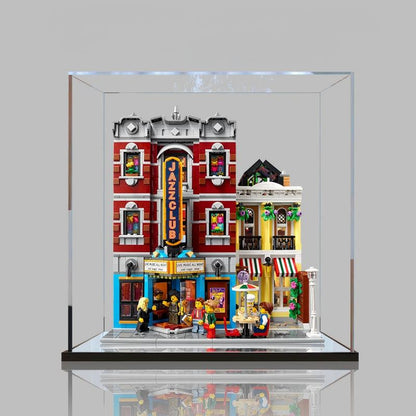 LEGO 10312 Jazz Club Spiegel Vitrine mit Ringlicht & UV-bedrucktem Hintergrund - Staubgeschützte Ausstellungsvitrine