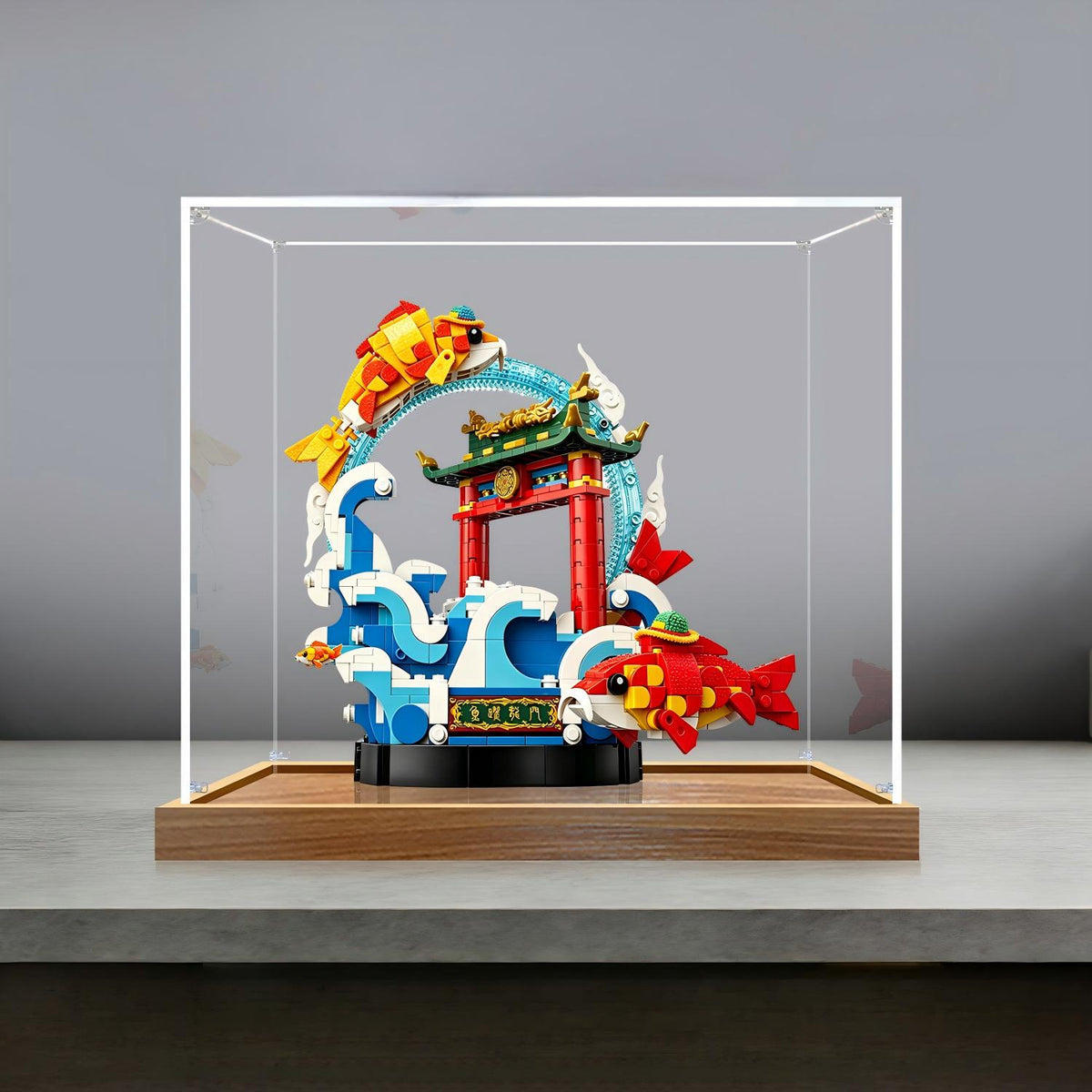 LEGO 80120 Prosperity Carp Leaping Mirror Acrylic Display Case with Ring Light & UV-Printed Background - Dustproof Showcase