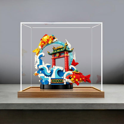 LEGO 80120 Prosperity Carp Leaping Mirror Acrylic Display Case with Ring Light & UV-Printed Background - Dustproof Showcase