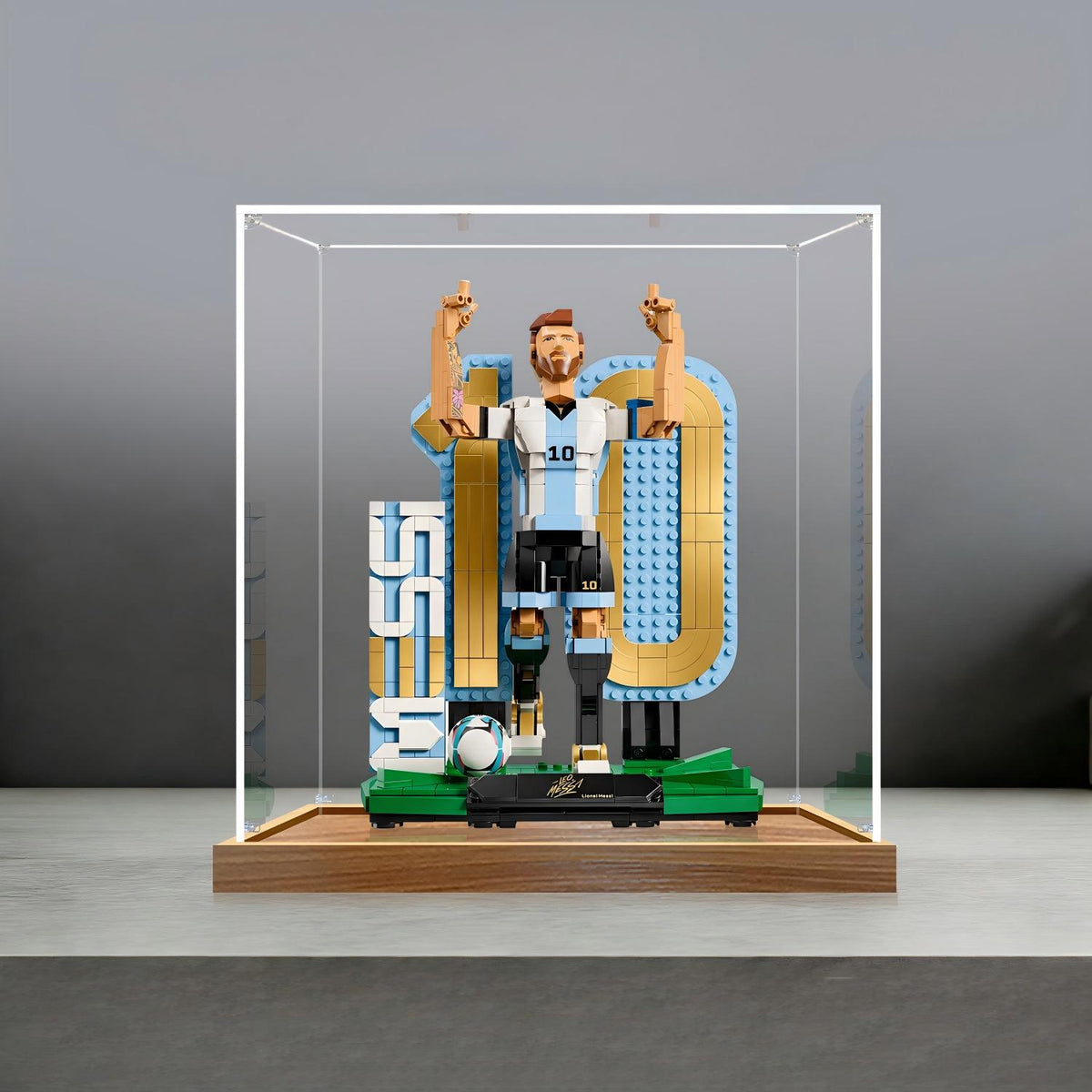 LEGO 43015 Lionel Messi - Soccer Legend Mirror Acrylic Display Case with Ring Light & UV-Printed Background - Dustproof Showcase