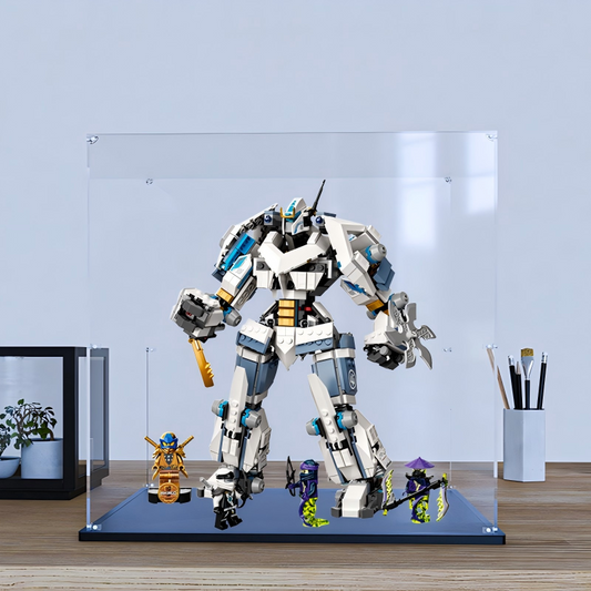 Acrylic Display Case for LEGO 71738 Zane's Titan Mech Battle, with Themed Printed Background & Dustproof Box