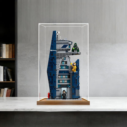 LEGO 76352 Avengers: Doomsday New Avengers Tower Spejl Akryl Udstillingskasse med Ringlys & UV-printet Baggrund - Støvtæt Vitrine