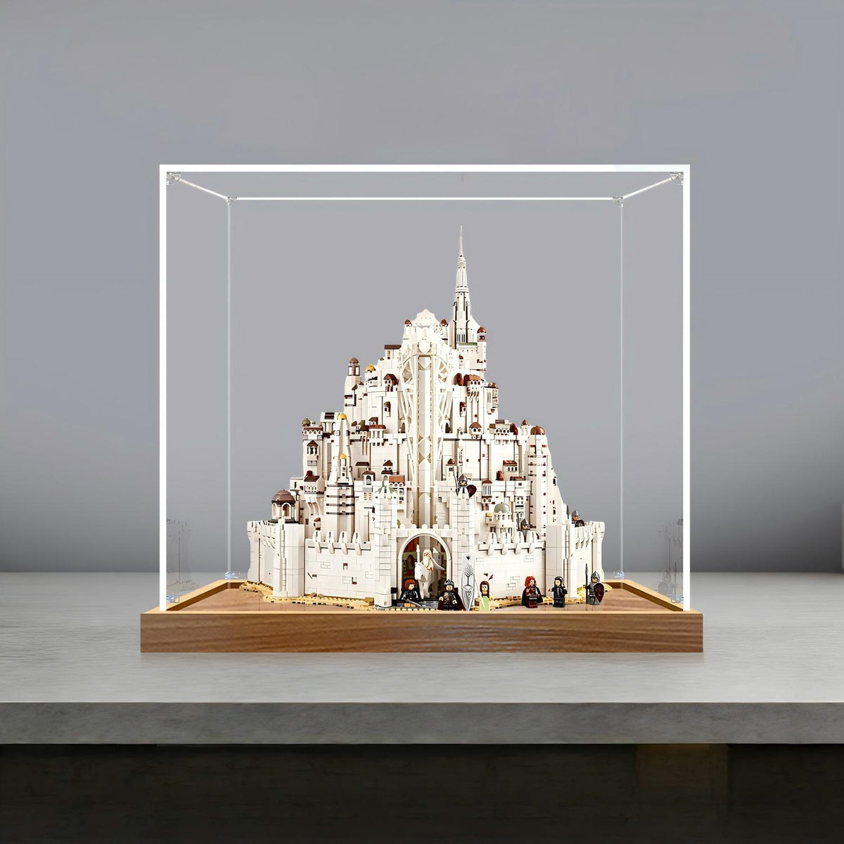 LEGO 11377 Icons The Lord of the Rings: Minas Tirith Mirror Acrylic Display Case with Ring Light & UV-Printed Background - Dustproof Showcase