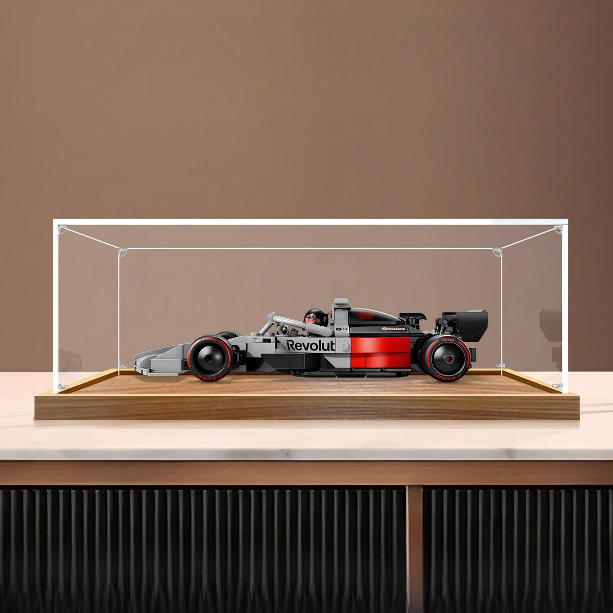 LEGO 77259 Audi Revolut F1 Team R26 ミラーアクリルディスプレイケース リングライト＆UVプリント背景付き - 防塵ショーケース