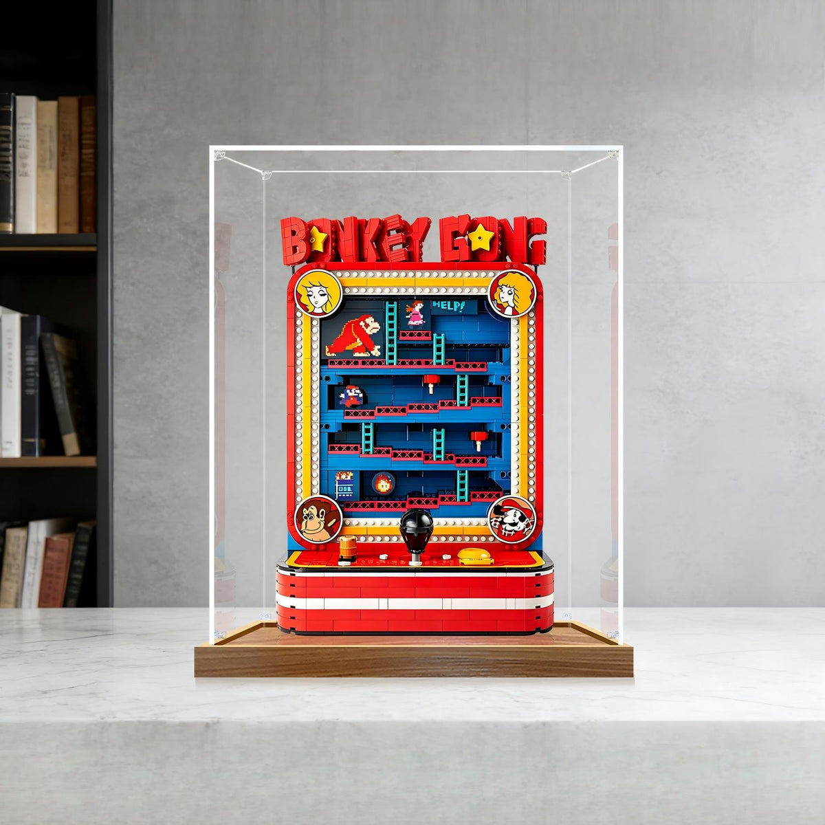 LEGO 72051 Donkey Kong Arcade Spiegel-Vitrinen-Display mit Ringlicht & UV-bedrucktem Hintergrund - Staubdichte Schaukasten