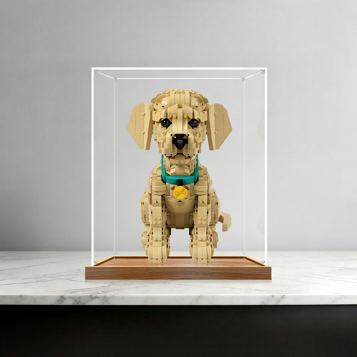 LEGO 11384 Vitrine de Exposição em Acrílico com Espelho para Filhote de Golden Retriever com Anel de Luz e Fundo Impresso em UV - Vitrine à Prova de Poeira