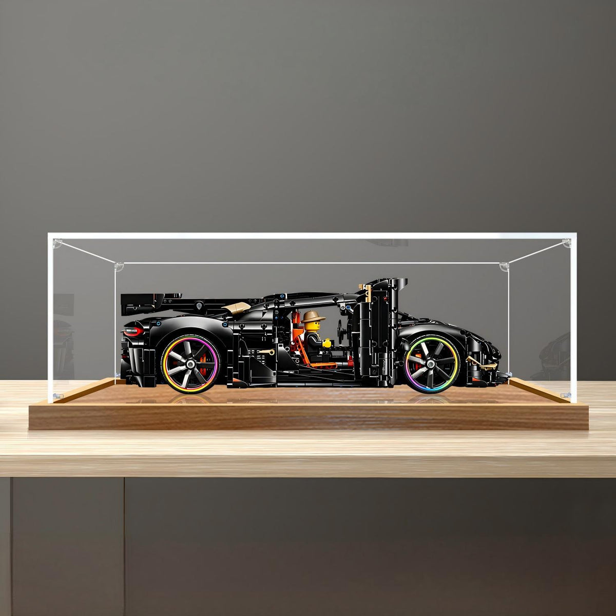 LEGO 42232 Koenigsegg Supercar Mirror Acrylic Display Case with Ring Light & UV-Printed Background - Dustproof Showcase