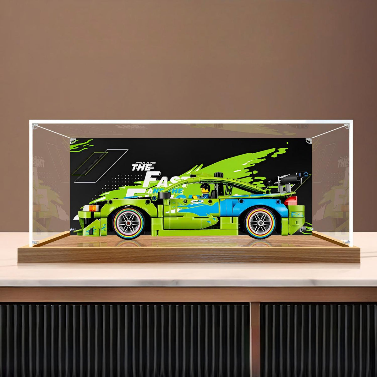 LEGO 42229 Technic Fast and Furious Mitsubishi Eclipse Car Mirror Acrylic Display Case with Ring Light & UV-Printed Background - Dustproof Showcase