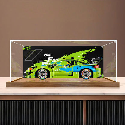 LEGO 42229 Technic Fast and Furious Mitsubishi Eclipse Car Mirror Acrylic Display Case with Ring Light & UV-Printed Background - Dustproof Showcase