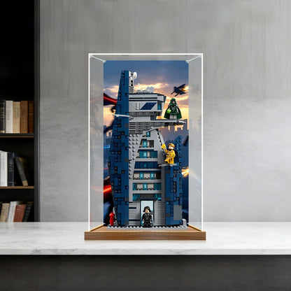LEGO 76352 Avengers: Doomsday New Avengers Tower Spejl Akryl Udstillingskasse med Ringlys & UV-printet Baggrund - Støvtæt Vitrine