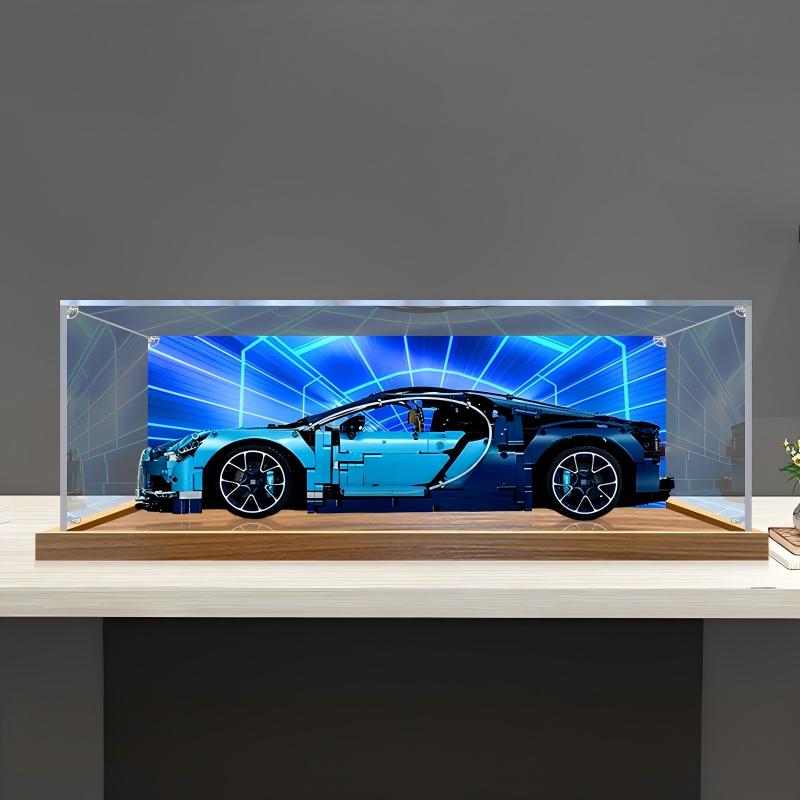 LEGO 42083 Bugatti Chiron Vitrine aus Acryl mit Ringlicht & UV-bedrucktem Hintergrund – Staubschutz-Schaukasten