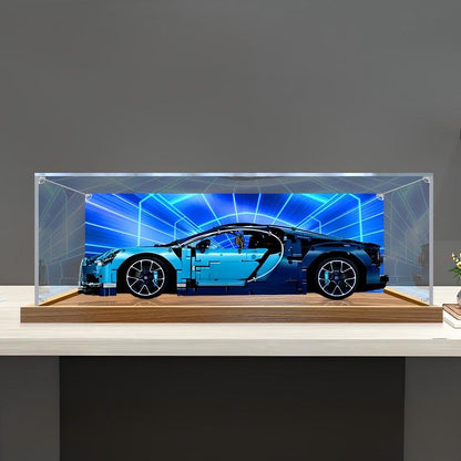 LEGO 42083 Bugatti Chiron Vitrine aus Acryl mit Ringlicht & UV-bedrucktem Hintergrund – Staubschutz-Schaukasten